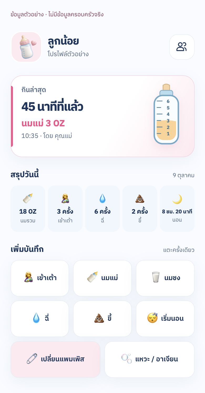 หน้าหลักข้อมูลตัวอย่าง แสดงนมมื้อล่าสุด 3 OZ เวลา 10:35 โดยคุณแม่ และบันทึกประจำวัน