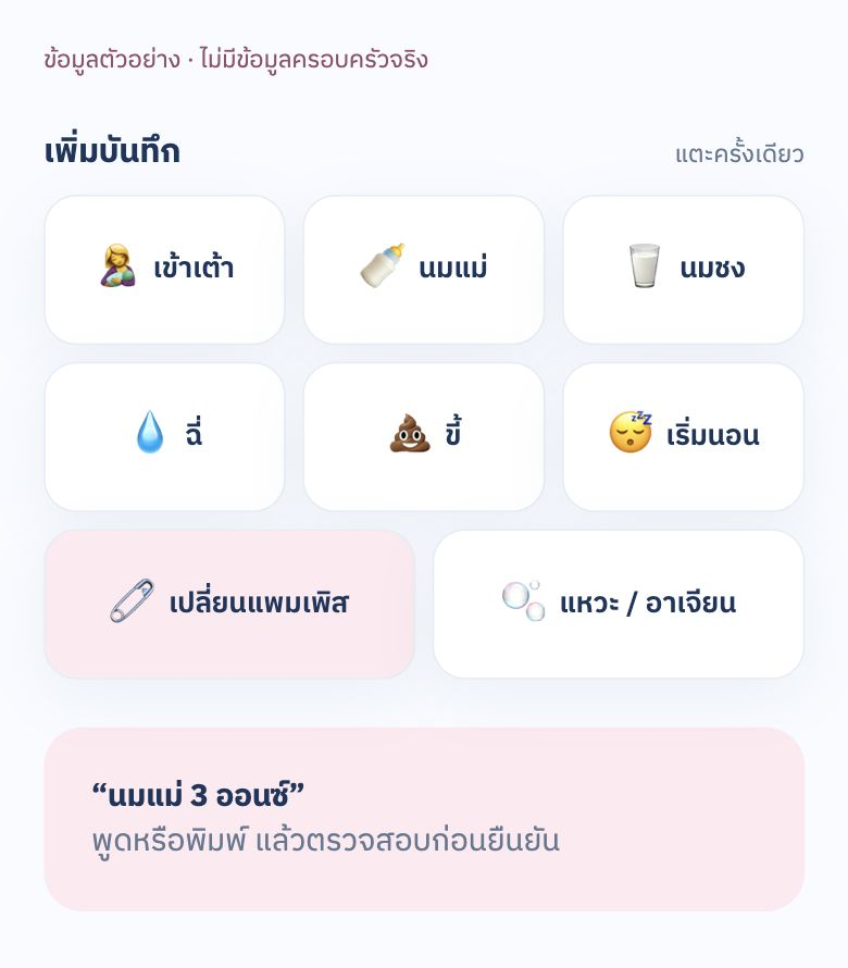 ปุ่มเพิ่มบันทึกของแอปจริง มีนมแม่ นมชง เข้าเต้า ฉี่ ขี้ นอน เปลี่ยนผ้าอ้อม และแหวะหรืออาเจียน